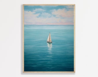 May include: A painting of a sailboat on a calm blue ocean with a light blue sky and white clouds.