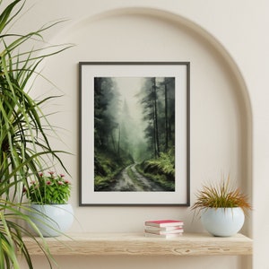 Moody Nature Landscape Painting: Dark Foggy Forest Wall Art image 3