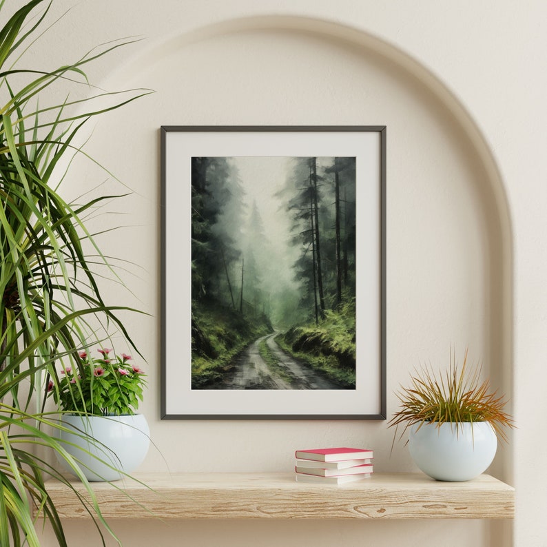 Moody Nature Landscape Painting: Dark Foggy Forest Wall Art image 3