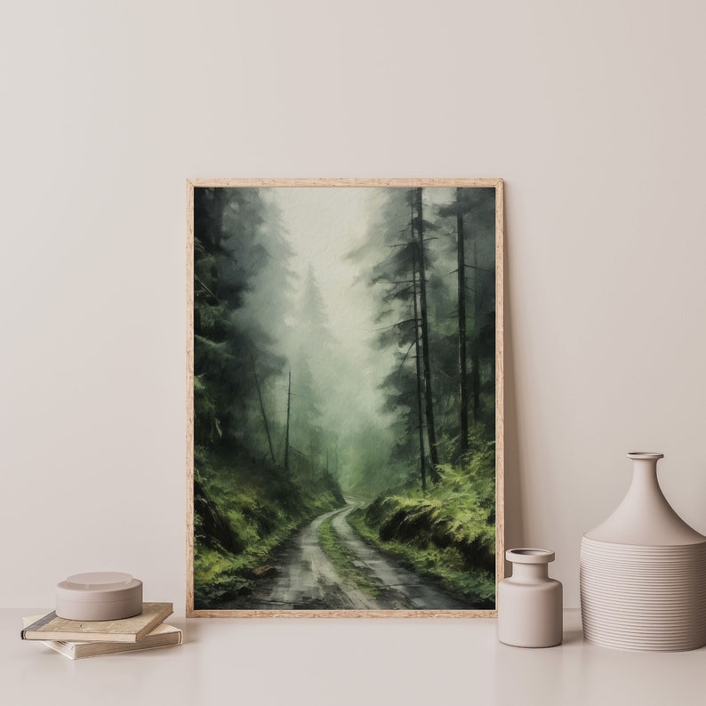 Moody Nature Landscape Painting: Dark Foggy Forest Wall Art image 2