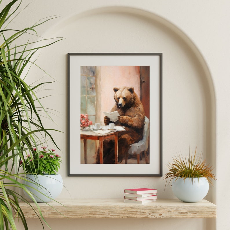a painting of a bear sitting at a table