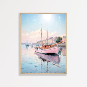 Pink Sailboat Painting: Retro Nautical Coastal Wall Art