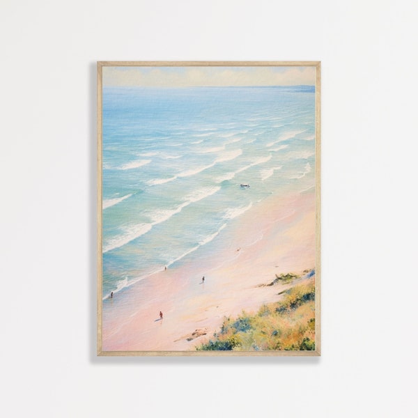 Pastel Beach Painting | Vintage Coastal Seascape Wall Art | Retro Home Apartment Decor | P #216