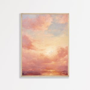 Pink Sky Painting | Sunset Clouds Wall Art | Retro Girly Apartment Decor | Aesthetic Kitchen Bedroom Prints | P #157