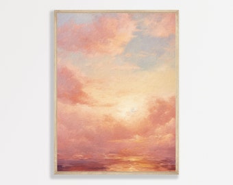 Pink Sky Painting | Sunset Clouds Wall Art | Retro Girly Apartment Decor | Aesthetic Kitchen Bedroom Prints | P #157