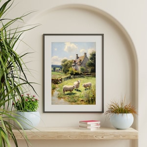 a painting of sheep in a field with a house in the background