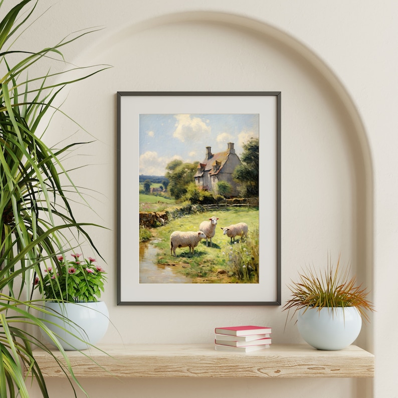 a painting of sheep in a field with a house in the background