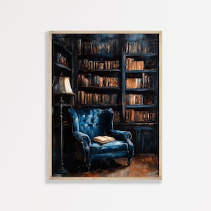 a painting of a blue chair in front of a bookshelf