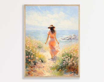 Seascape Portrait Print | Retro Woman by the Sea Painting | Aesthetic Coastal Beachy Decor | Girly Apartment Wall Art | P #102