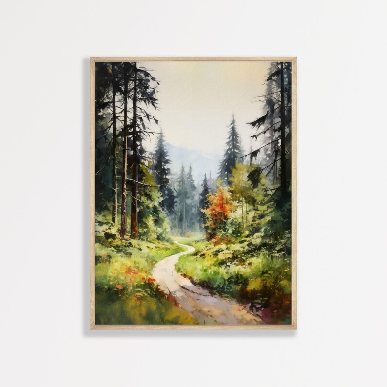 Forest Trail Painting: Retro Nature Landscape Wall Art image 1