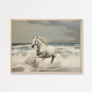 Coastal Horse Painting | Vintage White Horse Print | Antique Equestrian Decor | P #802
