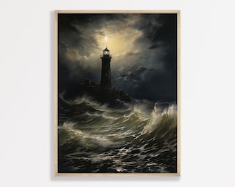 Vintage Lighthouse Storm Painting, Moody Coastal Scene