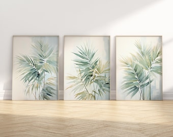 Conjunto de láminas botánicas neutras: trío de arte mural tropical minimalista