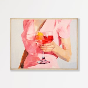 Retro Cocktail Print | Pink Aesthetic Wall Art | Vintage Preppy Girly Decor | Minimal Vintage Painting | P #003