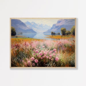 Spring Mountains Painting | Nature Landscape Wall Art | Flower Field Lake House Decor | P #209