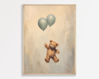 May include: A brown teddy bear holding onto two light blue balloons, floating in a light blue and beige sky.