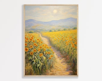 Vintage Sunflower Field Painting, Rustic Landscape Art Print