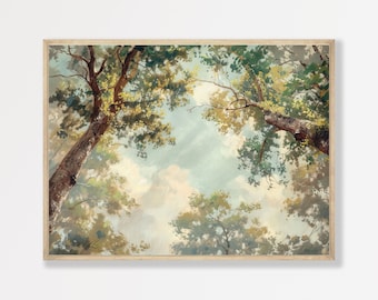 May include: A painting depicting a forest scene, with a view of the sky through the trees. The trees are green and brown, and the sky is blue with white clouds.
