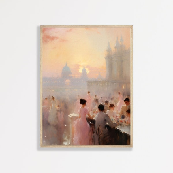 Rooftop Party Painting | Retro Elegant Pastel Wall Art | Vintage Home Decor | P #286