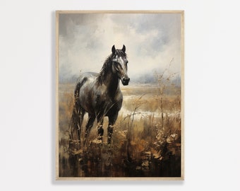 May include: A framed art print depicting a horse in a field. The horse is dark grey with a white face, standing in tall, dry grass. The background shows a cloudy sky and a muted colour palette.