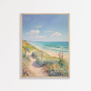 Retro Beach Painting | Pastel Coastal Wall Art | Cute Aesthetic Room Decor | Beach Landscape Artwork | P #009