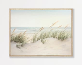 Lámina de hierba de playa: Arte mural costero minimalista en tonos neutros, lámina vintage de paisaje oceánico para el dormitorio.