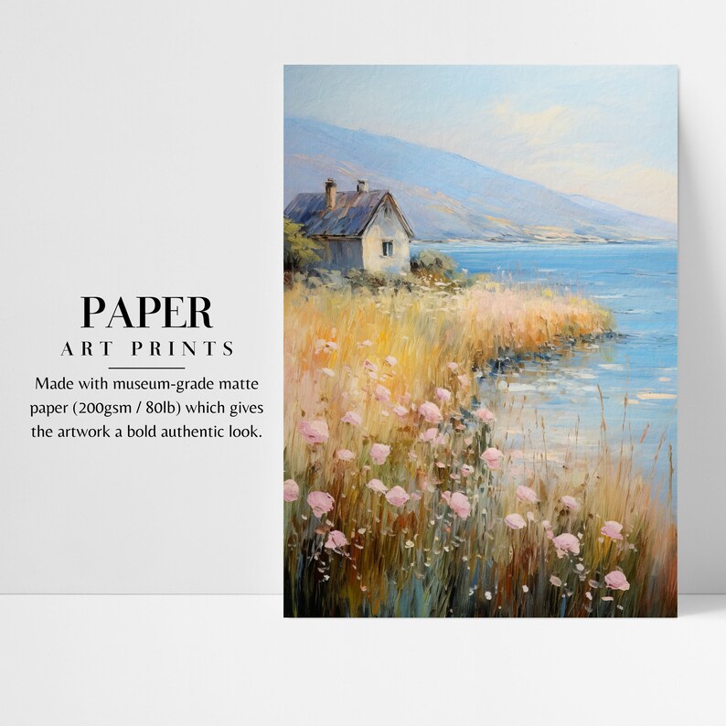 a painting of a house by the water