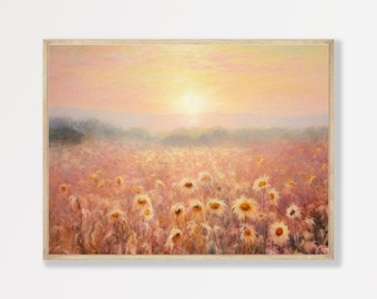 Flower Field Print | Vintage Pastel Oil Painting | Muted Aesthetic Wall Art | Retro Girly Apartment Decor | P #041