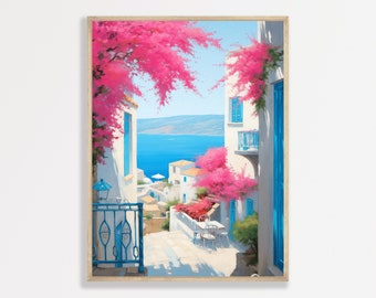 Retro Greece Painting, Pink Flowers, Coastal Style