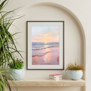 Pastel Beach Painting Retro Pink Girly Wall Art Vintage Coastal Seascape Print Eclectic Maximalist Bedroom Apartment Artwork P 192 image 3