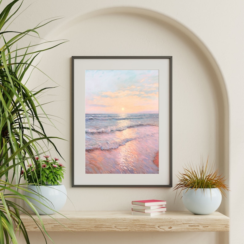 Pastel Beach Painting Retro Pink Girly Wall Art Vintage Coastal Seascape Print Eclectic Maximalist Bedroom Apartment Artwork P 192 image 3