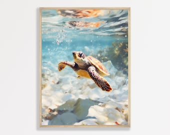 Turtle Art Print: Retro Pastel Blue Tropical Design