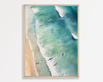 Beach Waves Painting | Retro Coastal Seascape Wall Art | Pastel Tropical Home Apartment Decor | P #243