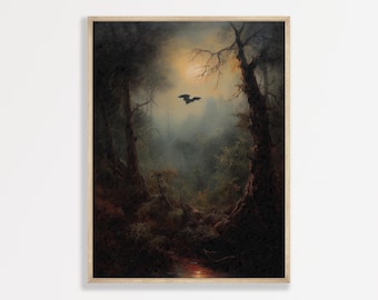 Vintage Bat Painting, Forest Landscape, Moody Wall Art