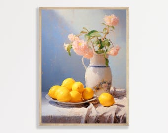 Lemon Wall Art: Retro Still Life Floral Painting