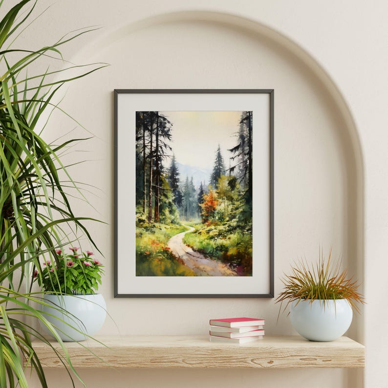 Forest Trail Painting: Retro Nature Landscape Wall Art image 3
