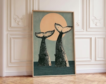 Arte mural de ballenas, grabado japonés en madera, ilustración vintage de animales marinos, decoración japonesa para el hogar.