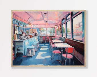 Retro Diner Painting | Aesthetic Pastel Wall Art | Pink Girly Room Decor | Preppy Maximalist Print | P #087