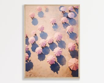 Beach Umbrellas Print: Retro Coastal Art in Pastel Pink
