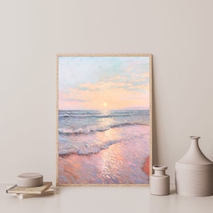 Pastel Beach Painting Retro Pink Girly Wall Art Vintage Coastal Seascape Print Eclectic Maximalist Bedroom Apartment Artwork P 192 image 2
