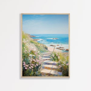 Beach Seascape Painting | Retro Beachy Home Decor | Vintage Aesthetic Coastal Landscape | P #080