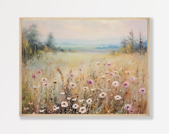Wildflower Field Painting Retro Landscape Muted Colors