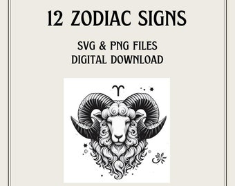 12 Zodiac Signs SVG And PNG Bundle With Bonus Zodiac Fonts, Astrology Black And White Clipart, Horoscope Signs Art Prints