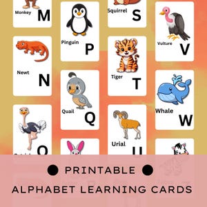A to Z Alphabet Cards Animals, ABC Flashcards For Preschool Activity, Printable Educational Letters