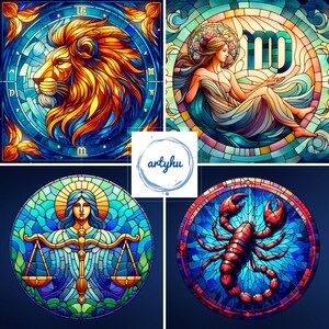 12 Zodiac Bundle Set, Unique Stained Glass Style Clipart, 24 Digital Illustrations Zodiac Signs, Instant Download, Gift For Astrology Lovers