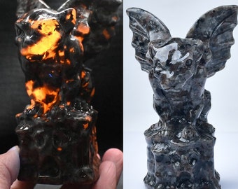 Natural Carved Flame Stone Crystal Gargoyle 4" 10cm Fluorescent Sodalite Statue Decor Sculpture Halloween Gift