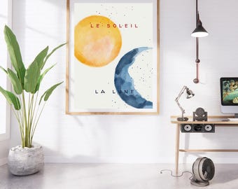 Le Soleil und La Lune Kunstdruck Set, Boho Sonne und Mond Kunstdrucke, Mond Print, bunte Wandkunst, modernes Boho Dekor