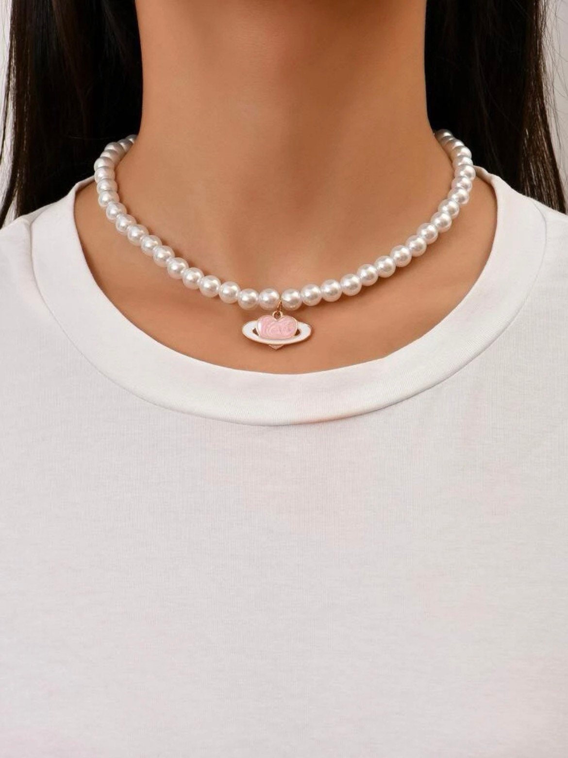Pearl Planet Saturn Necklace Pink Heart 