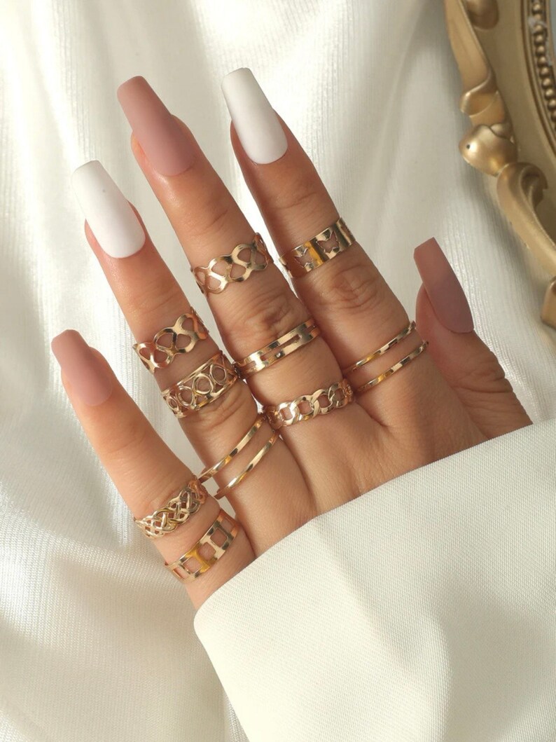 Gold 10pc Hollow Ring Set Adjustable Statement Stacking Rings Etsy