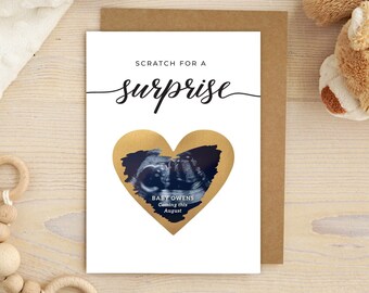 Scratch off pregnancy announcement card with ultrasound picture, Surprise baby announcement, Personalized birth announcement